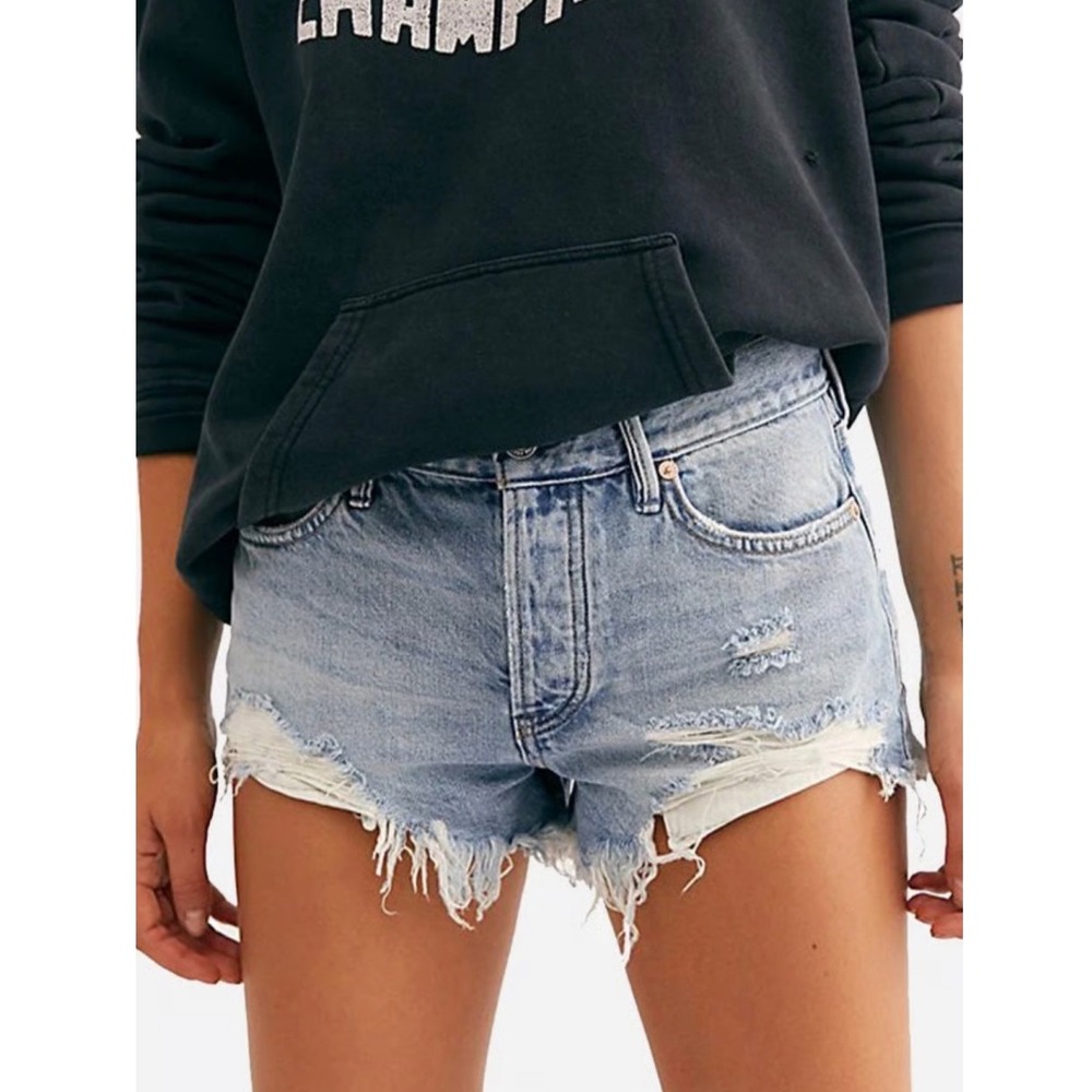 Free People Loving Good Vibrations Cutoff Jean Shorts 30 Blue Distressed Cowgirl